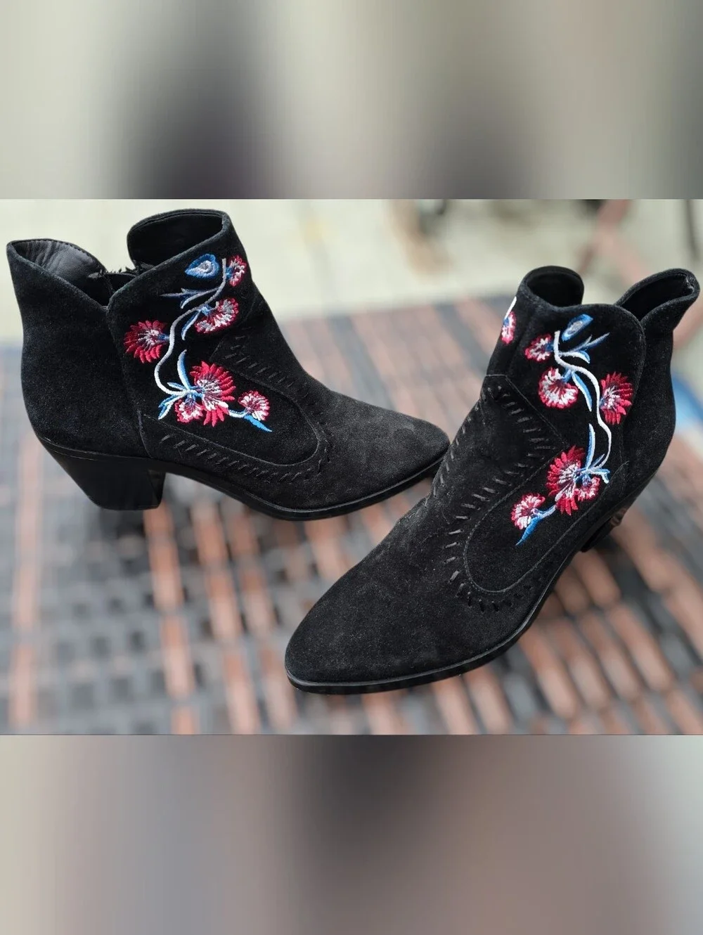 Rebecca Minkoff Black Suede Embroidered Ankle Boots